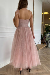 Spaghetti Straps Tea Length Pink Prom Dresses Tea Length Pink Tulle Formal Homecoming Dresses