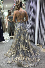 Ремінці спагетті v шия довга випускна сукня з мереживом, формальна сукня