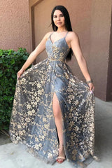 Spaghetti Straps V Neck A Line Long Prom Dress with Lace, Formal Gown