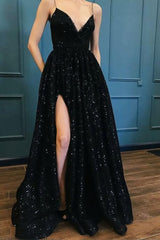 Spaghetti Straps Long Sequin Prom Dress With Split Black Long Evening Dress