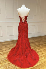 स्ट्रैपलेस स्वीटहार्ट नेक मरमेड रेड लेस लॉन्ग इवनिंग ड्रेस, मरमेड रेड लेस फॉर्मल ड्रेसेस