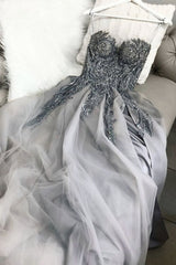 Strapless Sweetheart Neck Gray Lace Long Strapless Gray Lace Lace Gray Prom Dresses