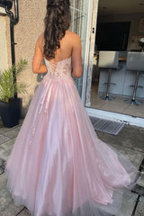 Sweetheart Lace Top Tulle Pink Long Prom Dress Pink Formal Gown