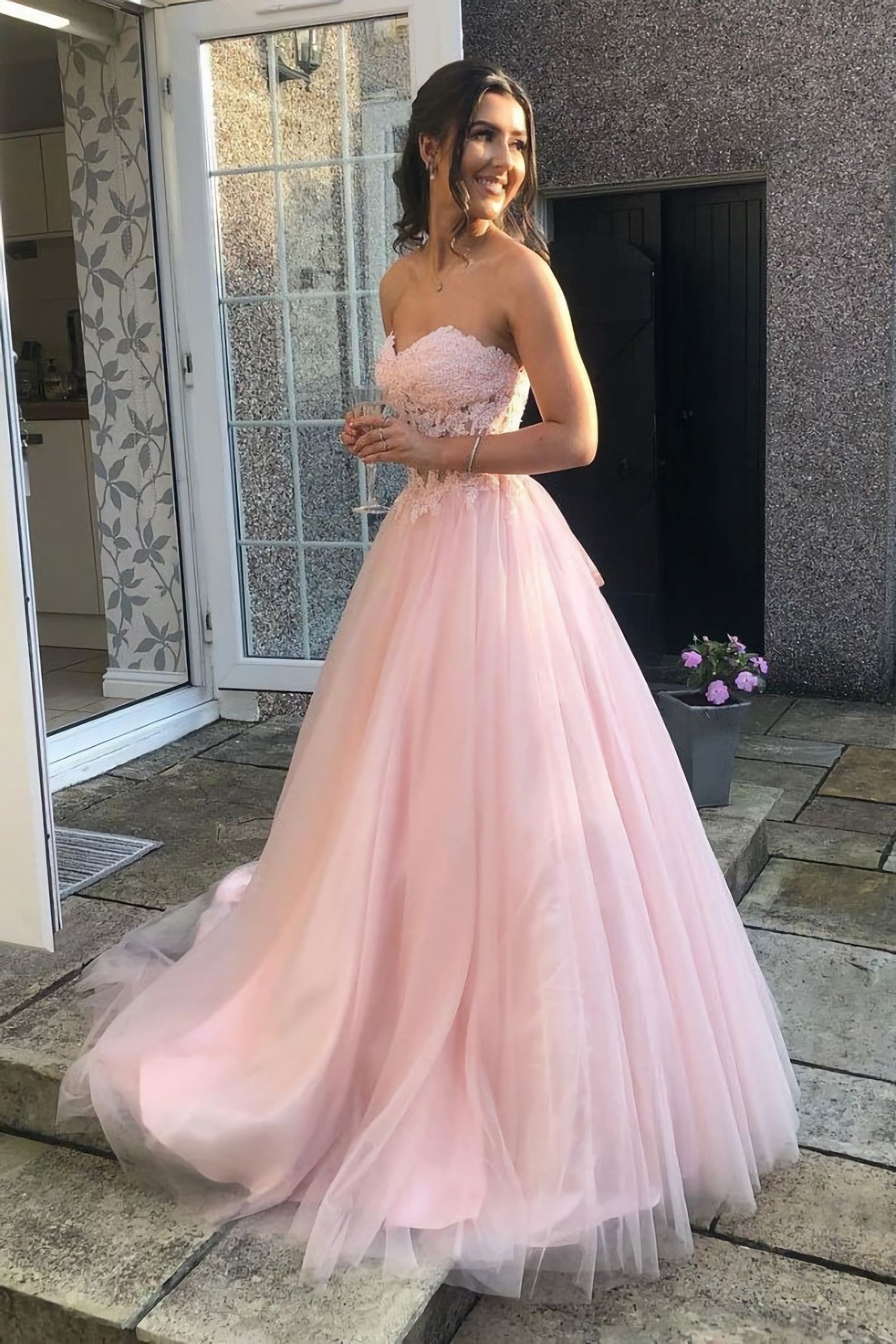 Sweetheart Lace Top Tulle Pink Long Prom Dress Pink Formal Gown