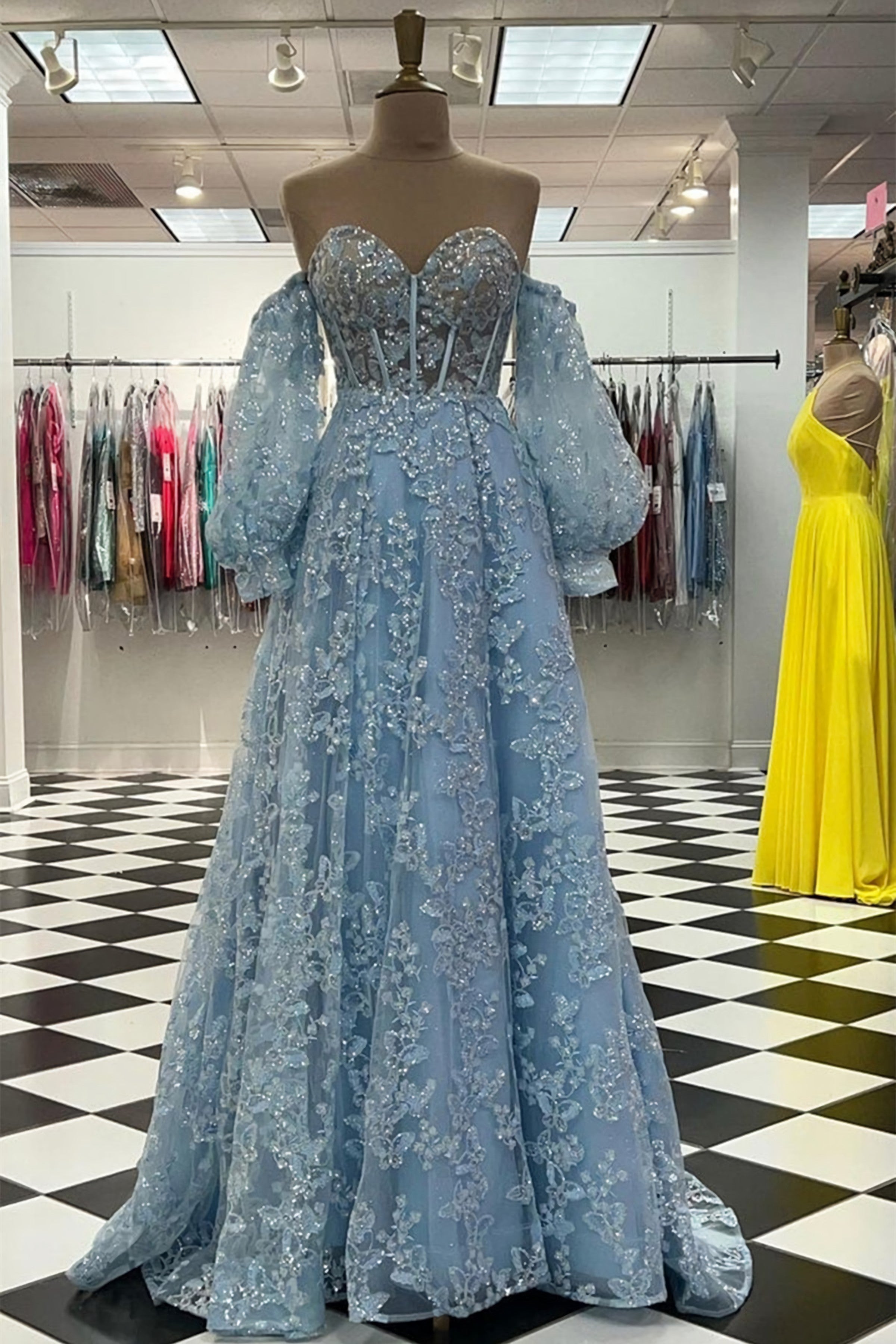 Sweetheart Neck Blue Lace Appliques Long Prom Dress, With Long Sleeves Blue Lace Floral Formal Graduation Evening Dress
