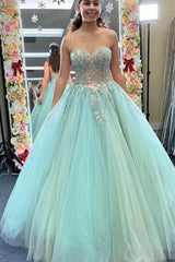 Sweetheart Neck Mint Green Lace Tulle Long Evening Dress, Mint Green Lace Formal Dresses