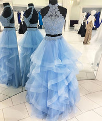 Two Pieces Blue Tulle Lace Long Prom Dress, Lace Formal Dress, Blue Evening Dress