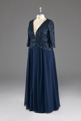 Navy V-Neck Long Sleeves Lace Appliques Chiffon Prom Dress