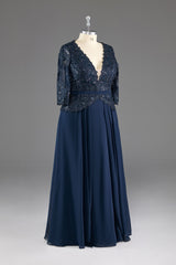 Navy V-Neck Long Sleeves Lace Appliques Chiffon Prom Dress