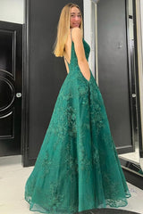 V Neck Backless Green Lace Long Evening Dress, Green Lace Formal Dresses