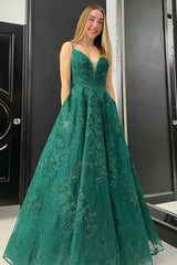 V Neck Backless Green Lace Long Evening Dress, Green Lace Formal Dresses