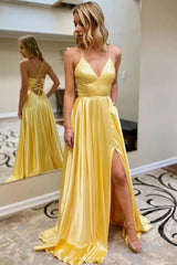 V hals rygglös gul lång aftonklänning med slits rygglös gula formella balklänningar, festklänning