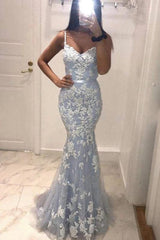 V Neck Mermaid Blue Lace Long Evening Dress, Mermaid Baby Blue Formal Dresses