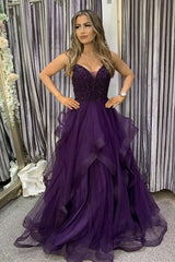 V Neck Purple Coaded Long Vestido de noche, vestido formal púrpura esponjoso con cuentas