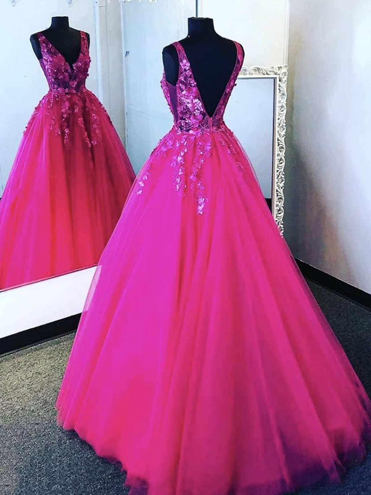 V Neck Hot Pink Tulle Lace Backless Hot Pink Floral Prom Dresses