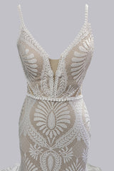 Elegant Spaghetti Straps V Neck Mermaid Lace Wedding Dresses