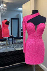 Hot Pink One Shoulder One Sleeveve Tight Palins Short Homecoming Dress