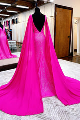 Платье для выпускного вечера с ярко -розовой русалкой с поездом Watteau
