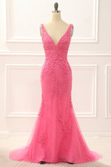 Hot Pink Tulle Mermaid Prom Dress with Appliques