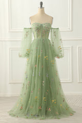 Green Tulle Off the Shoulder A-line Prom Dress with Floral Embroidery