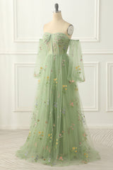 Green Tulle Off the Shoulder A-line Prom Dress with Floral Embroidery