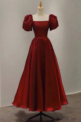 Burgundy A-line Satin Vintage Women Dresses Long Prom Dresses