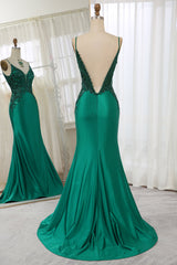 Dark Green Spaghetti Straps Mermaid Satin Prom Dress With Appliques