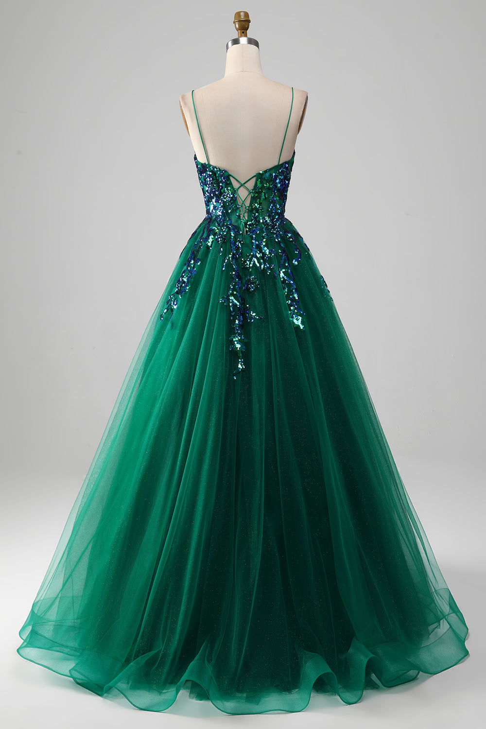 Prom Dresses 2022 Cheap, Tulle Spaghetti Straps Dark Green Prom Dress with Sequins