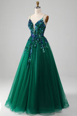 Prom Dresses Pattern, Tulle Spaghetti Straps Dark Green Prom Dress with Sequins