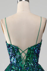 Prom Dress Pattern, Tulle Spaghetti Straps Dark Green Prom Dress with Sequins