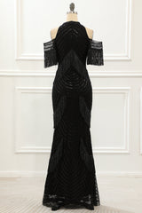 Black Halter Sequin Glitter Prom Dress with Fringes