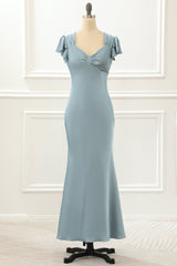 Blue Satin Simple Prom Dress with Ruffles