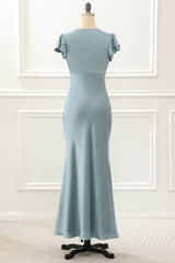 Blue Satin Simple Prom Dress with Ruffles