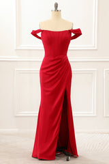 Off the Shoulder Ruffles Burgundy Prom Dress with Slit