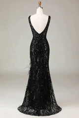 Glitter Black Mermaid V-Neck Long Feathered Prom Dress With Slit