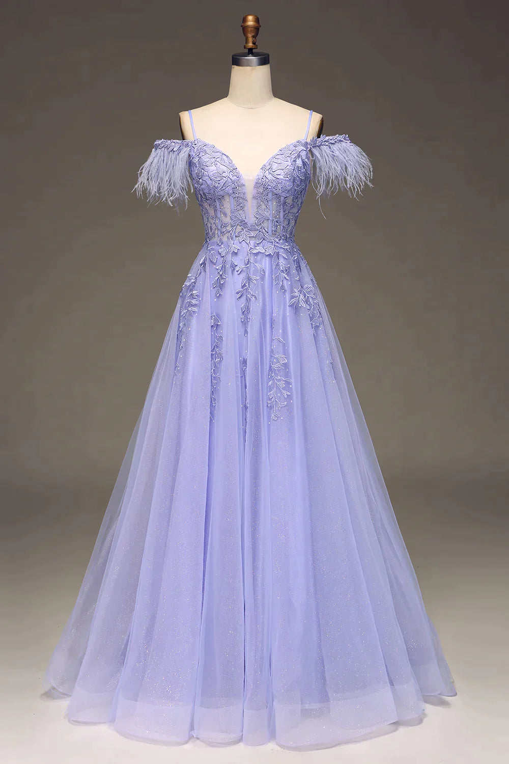Lilac A Line Feather Off The Shoulder Long Tulle Prom Dress With Appliques