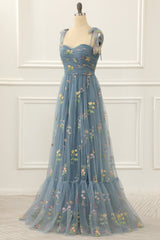 Grey Blue Tulle A Line Prom Dress with Embroidered