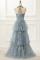 A Line Halter Tulle Prom Dress with Embroidery