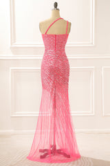One Shoulder Hot Pink Sparkly Long Prom Dress with Slit