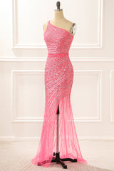 One Shoulder Hot Pink Sparkly Long Prom Dress with Slit