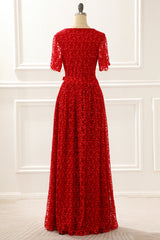 Red V-neck Lace Prom Dress with Slit