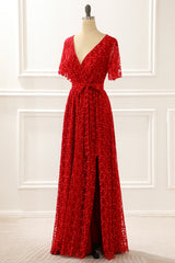 Red V-neck Lace Prom Dress with Slit