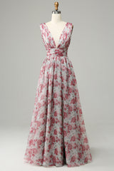 ग्रे और गुलाबी पुष्प लंबी ब्राइड्समेड ड्रेस