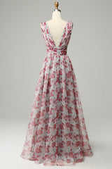 ग्रे और गुलाबी पुष्प लंबी ब्राइड्समेड ड्रेस