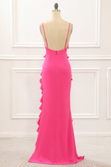 Hot Pink Satin Ruffles Prom Dress with Slit
