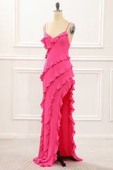 Hot Pink Satin Ruffles Prom Dress with Slit