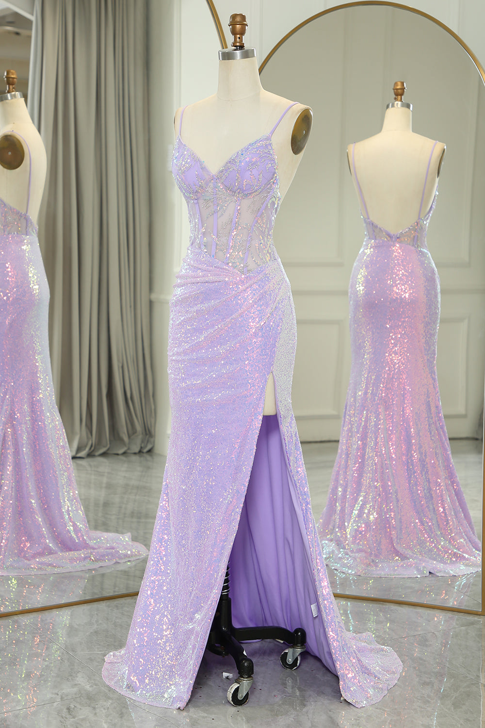 Glitter Light Purple Mermaid Backless Long Corset Prom Dress With Slit