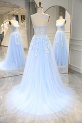 Sky Blue Spaghetti Straps Long Mermaid Prom Dress With Appliques