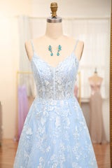 Sky Blue A-Line Spaghetti Straps Tulle Long Prom Dress With Appliques