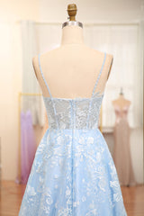 Sky Blue A-Line Spaghetti Straps Tulle Long Prom Dress With Appliques